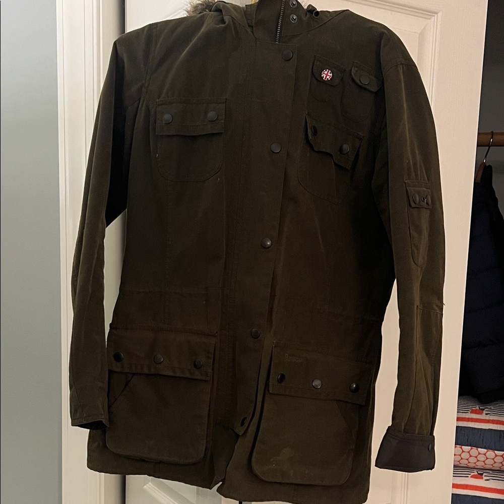 Barbour Brighton Waxed Parka Fur Hood Union Jack Olive Green Jacket US 6